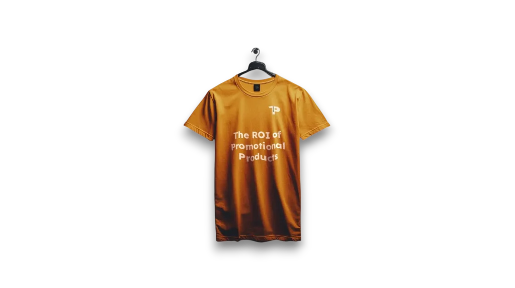 Branded promotional T-shirt with company logo displayed on table