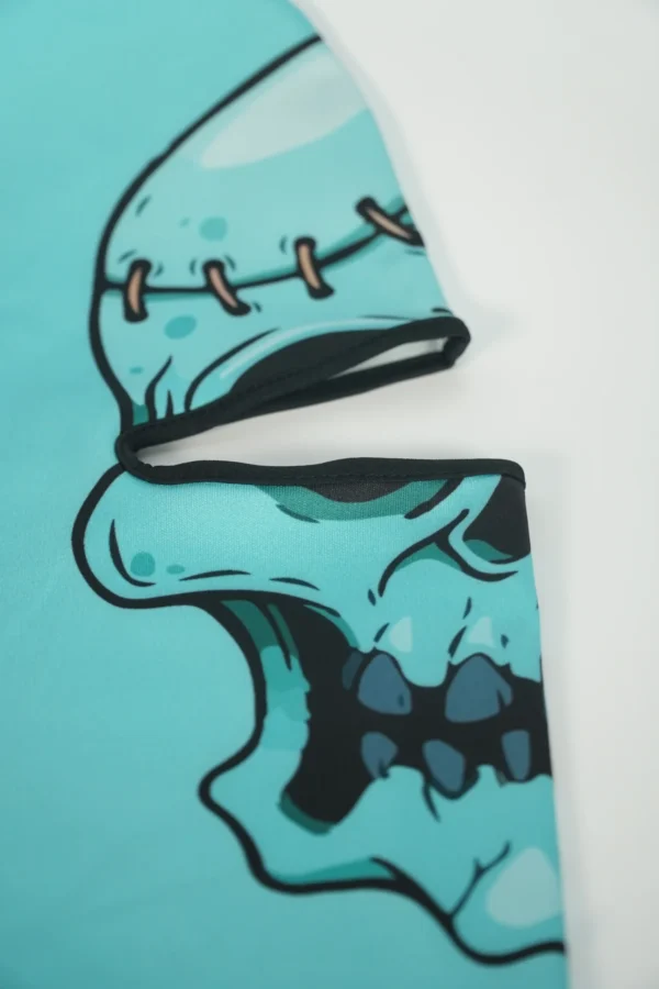 Close-up of skull print and stitching detail on custom balaclava – Textile Promos