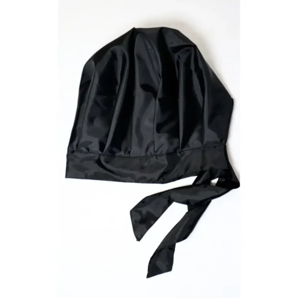 Side view of black satin bonnet with adjustable tie design