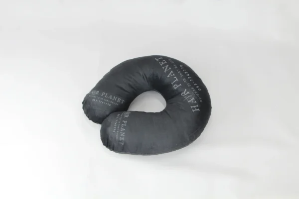 Black U-shaped travel neck pillow with custom printed branding – Textile Promos