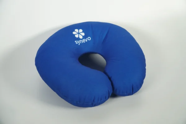 Side view of blue printed travel neck pillow with custom logo – Textile Promos