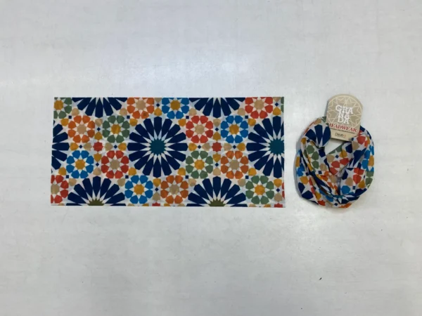 Multicolor Islamic star pattern buff in navy, orange, green and yellow