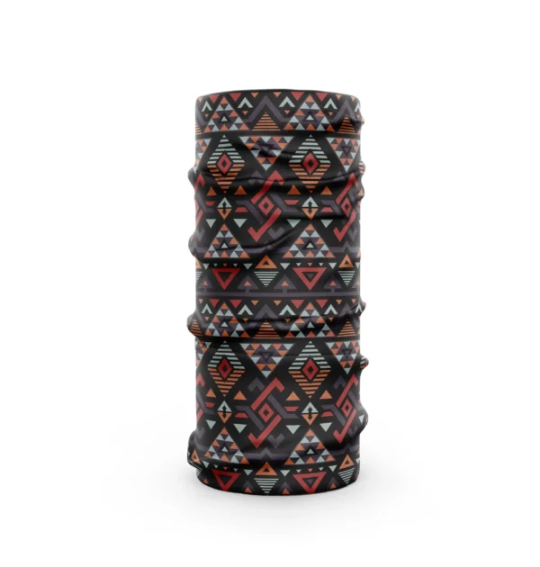 Multi-use tubular buff with tribal geometric pattern in red, black, and orange tones