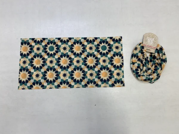 Geometric patterned buff with Islamic art motif, shown flat and rolled in packaging
