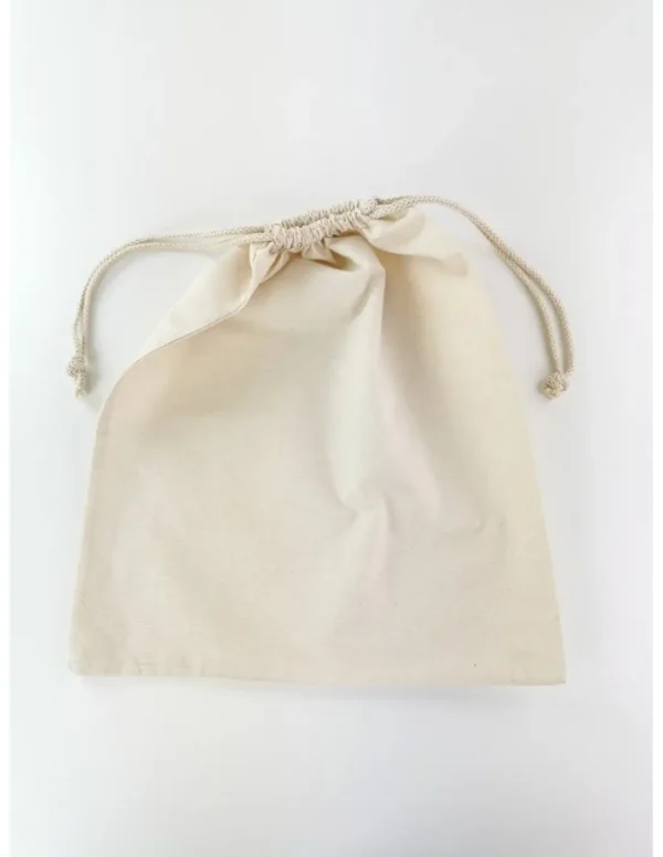 Plain cotton drawstring pouch with cord closure on white background