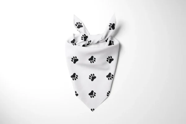 White dog bandana with black paw print pattern, tied at the top