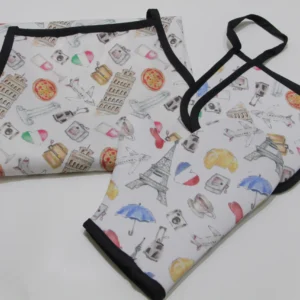 Custom printed kitchen set with apron, oven mitt, and pot holder in travel theme – Textile Promos