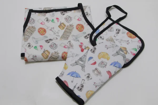Custom printed kitchen set with apron, oven mitt, and pot holder in travel theme – Textile Promos